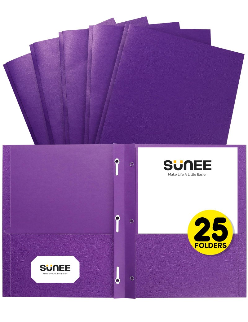 ساني مجلدات SUNEE ذات جيبين ومشابك (عبوة من 25 مجلدًا، لون بنفسجي)، مجلدات ورقية بجيبين و3 مشابك تناسب ورق بحجم الرسائل، مجلدات بمشابك للمدرسة والمكتب والمنزل والأعمال - Image 1